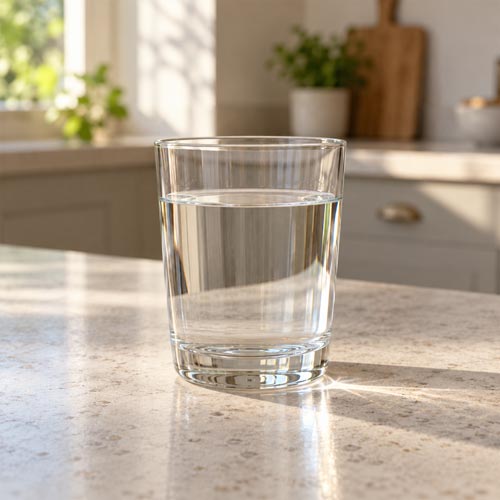 Glass of water on kitchen side
