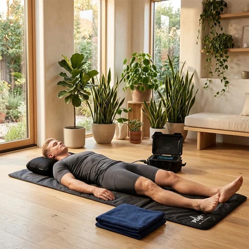 man laying on floor on Full Length Mat with Nextion