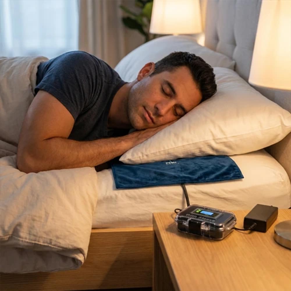 Man sleeping with PEMF With Steeve Mini Mat (10 Coil) under pillow with Nextion on side table