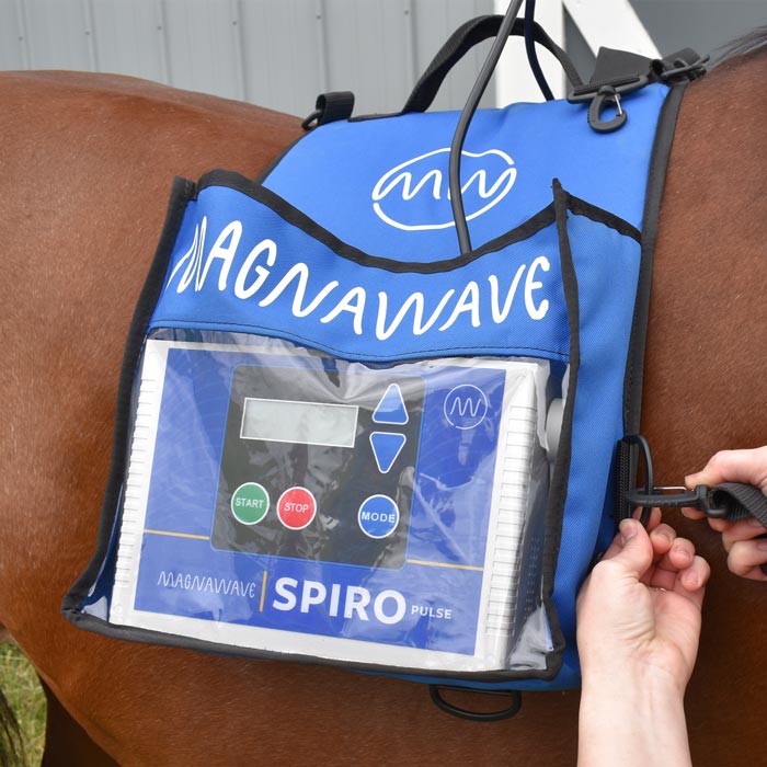 Spiro Klick PEMF device from MagnaWave side bag on horse