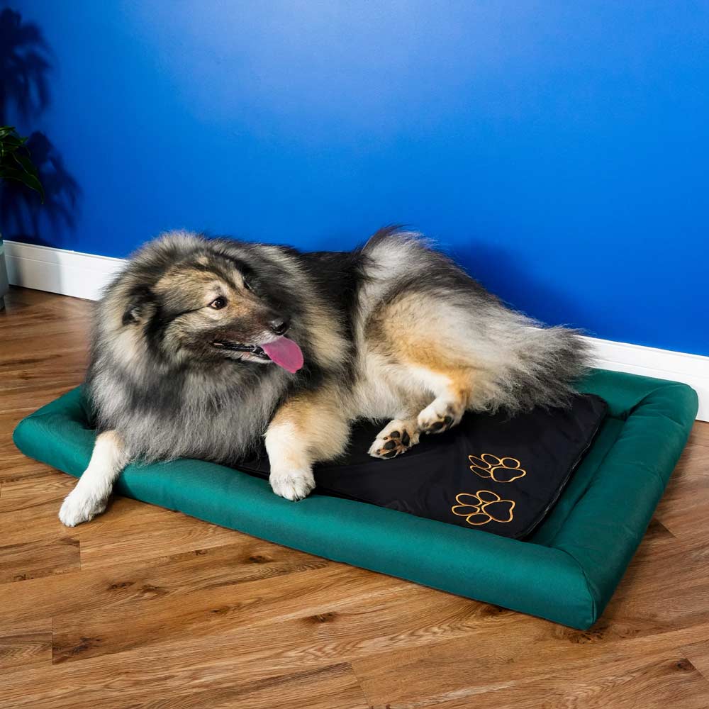Dog laying on large CELLER8 pet mat placed in dog bed
